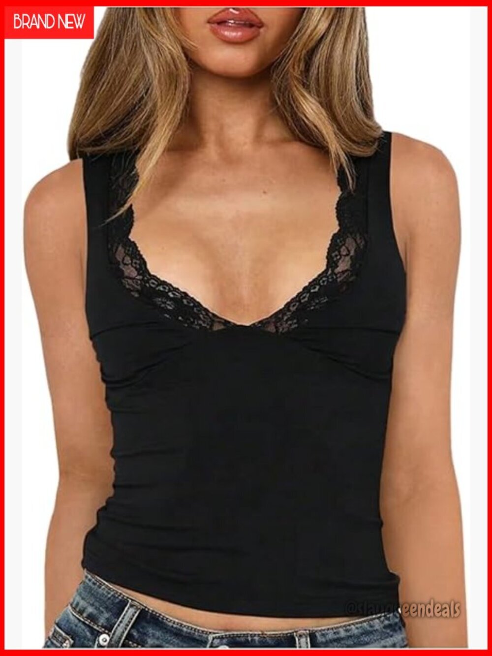Lace Trim V-Neck Crop Tank Top, Sleeveless Fitted Going Out Top